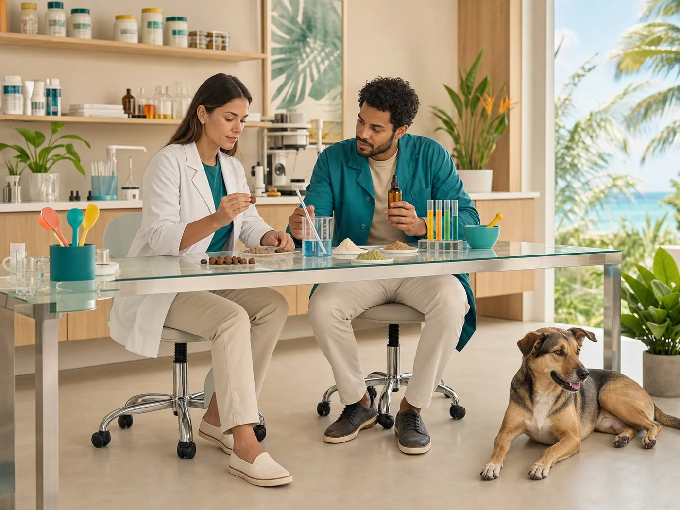 Equipe avaliando textura e apresentação de suplemento pet em desenvolvimento