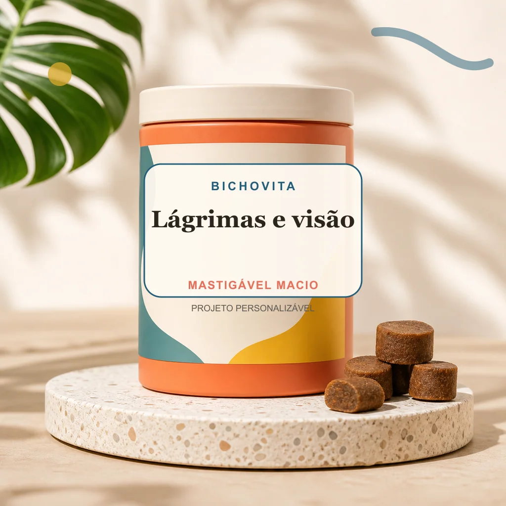 Lágrimas e visão em mastigável macio, conceito de suplemento pet de marca própria Bichovita
