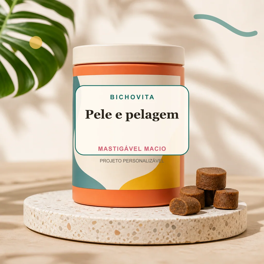 Pele e pelagem em mastigável macio, conceito de suplemento pet de marca própria Bichovita