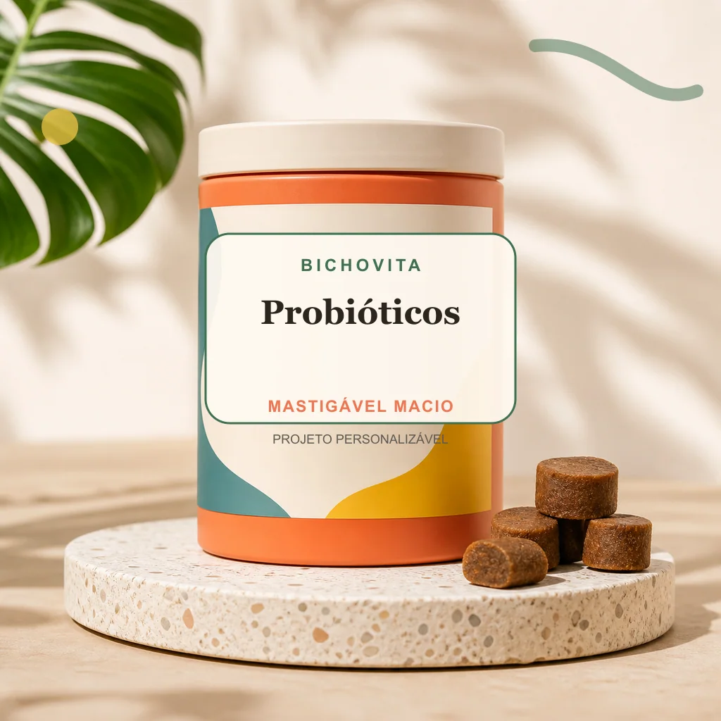 Probióticos em mastigável macio, conceito de suplemento pet de marca própria Bichovita