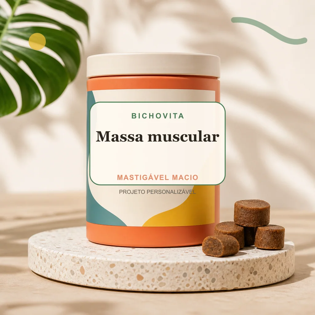 Massa muscular em mastigável macio, conceito de suplemento pet de marca própria Bichovita