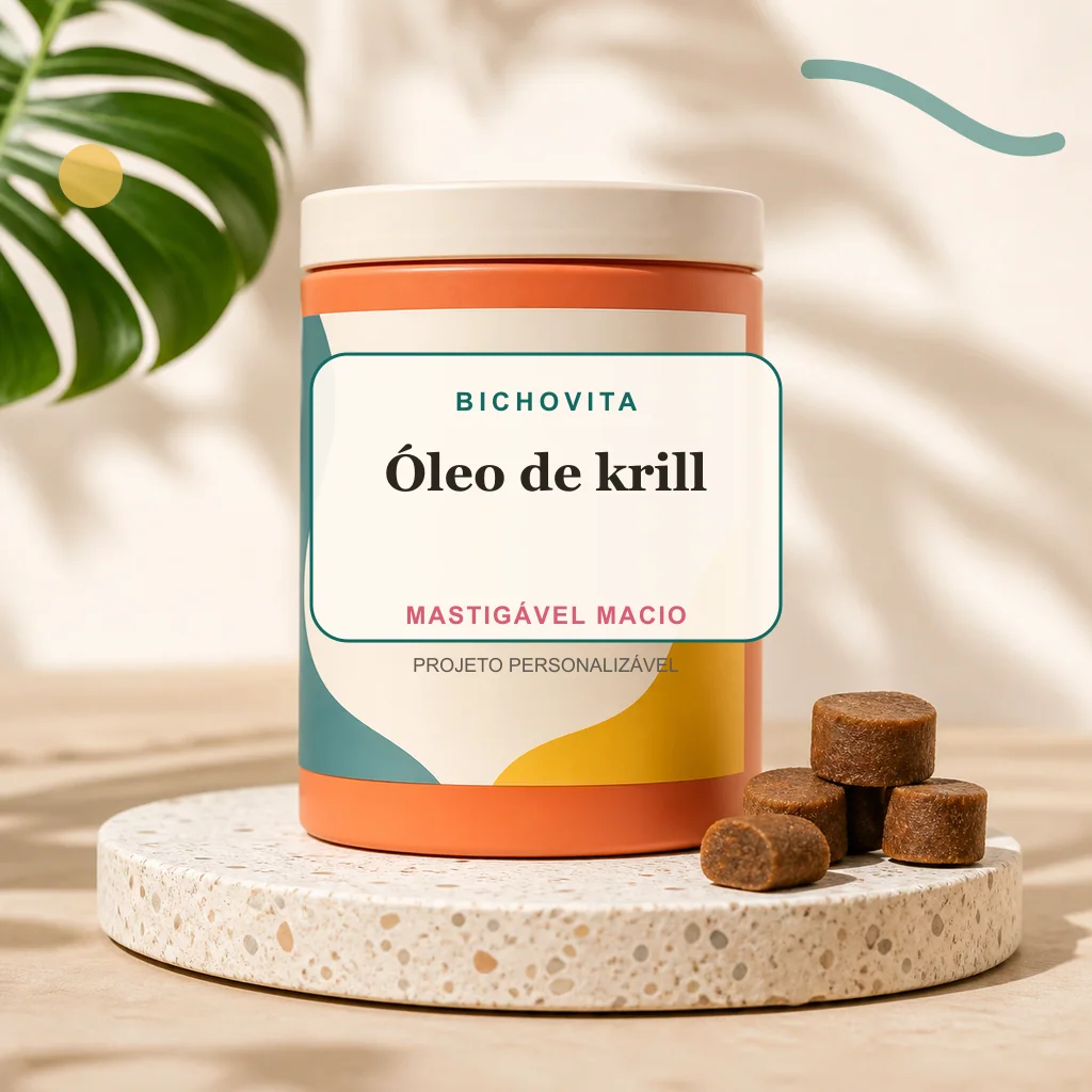 Óleo de krill em mastigável macio, conceito de suplemento pet de marca própria Bichovita