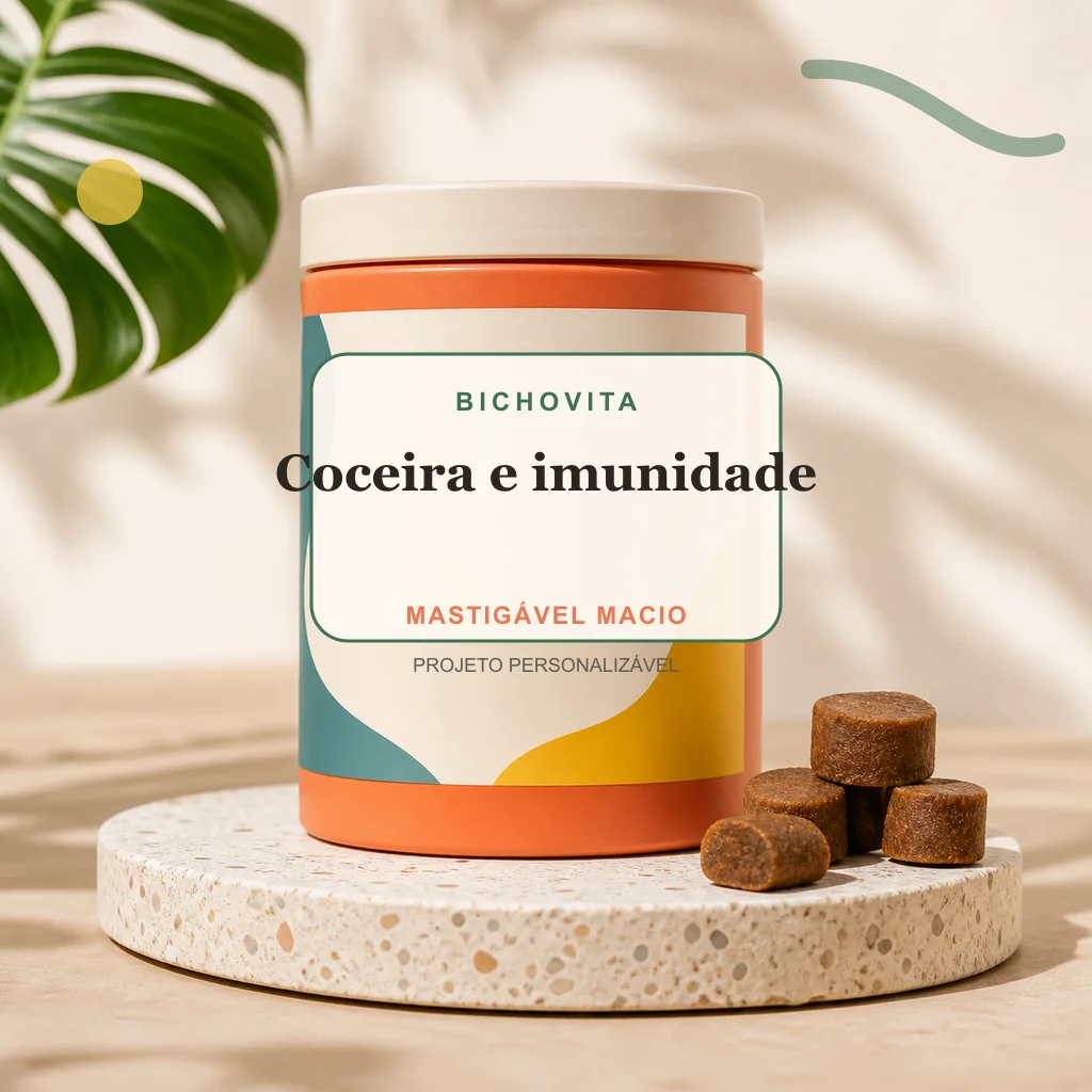 Coceira e imunidade em mastigável macio, conceito de suplemento pet de marca própria Bichovita