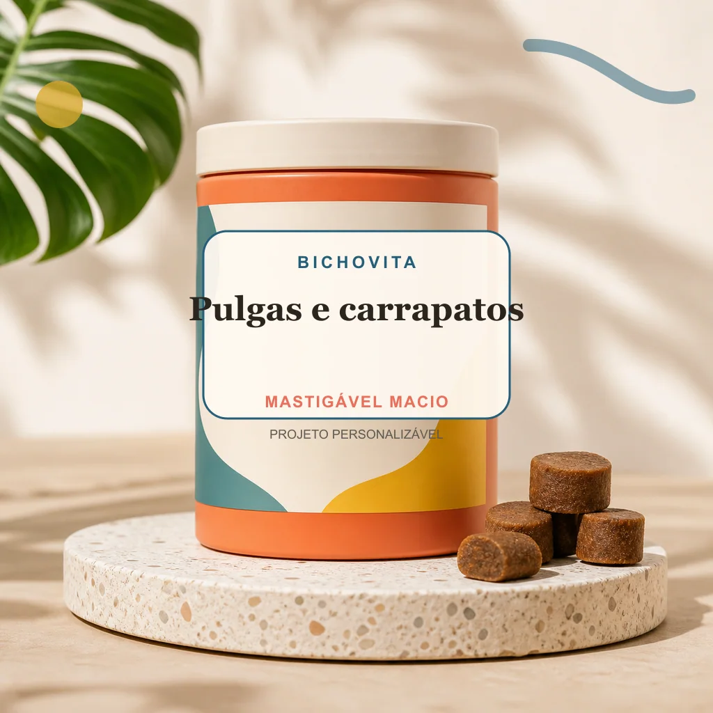 Pulgas e carrapatos em mastigável macio, conceito de suplemento pet de marca própria Bichovita