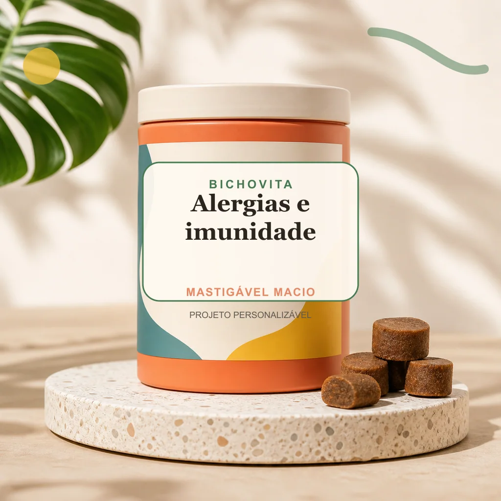 Alergias e imunidade em mastigável macio, conceito de suplemento pet de marca própria Bichovita