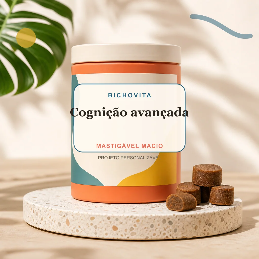 Cognição avançada em mastigável macio, conceito de suplemento pet de marca própria Bichovita