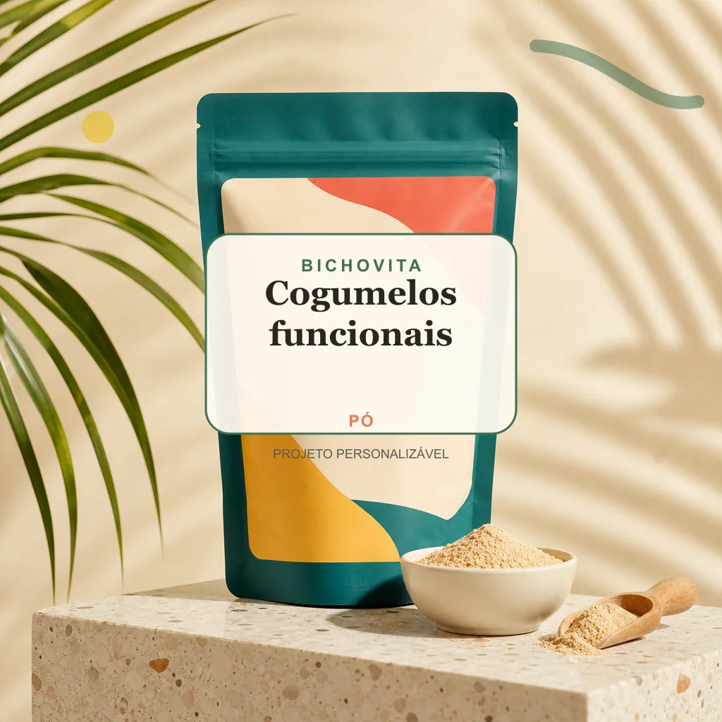 Cogumelos funcionais em pó, conceito de suplemento pet de marca própria Bichovita