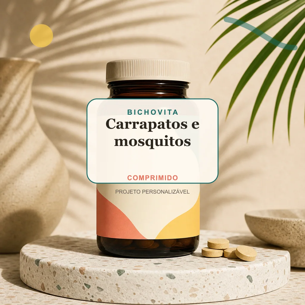 Carrapatos e mosquitos em comprimido, conceito de suplemento pet de marca própria Bichovita
