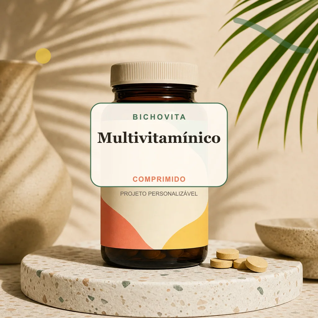 Multivitamínico em comprimido, conceito de suplemento pet de marca própria Bichovita