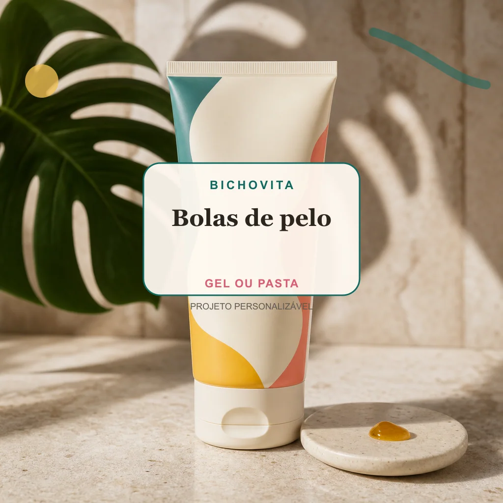 Bolas de pelo em gel ou pasta, conceito de suplemento pet de marca própria Bichovita